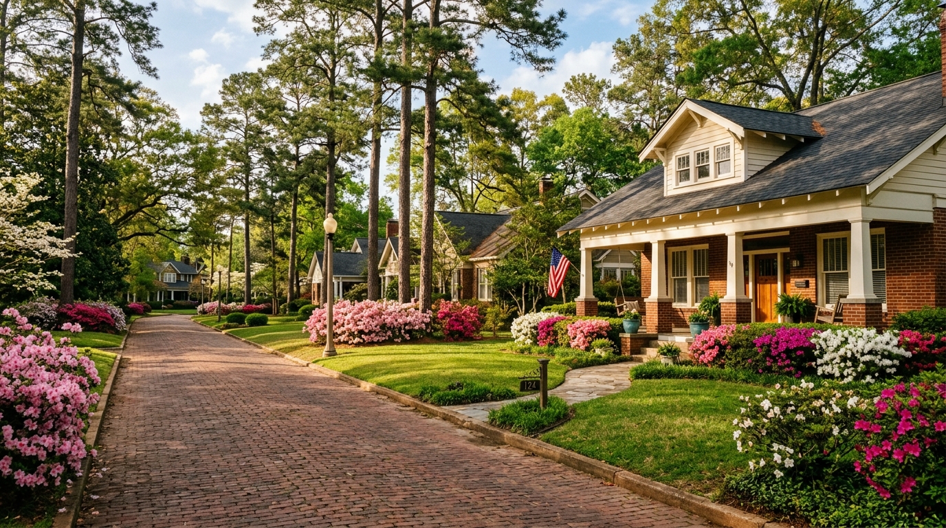 Scenic view of historic brick street and blooming azaleas in Tyler, Texas