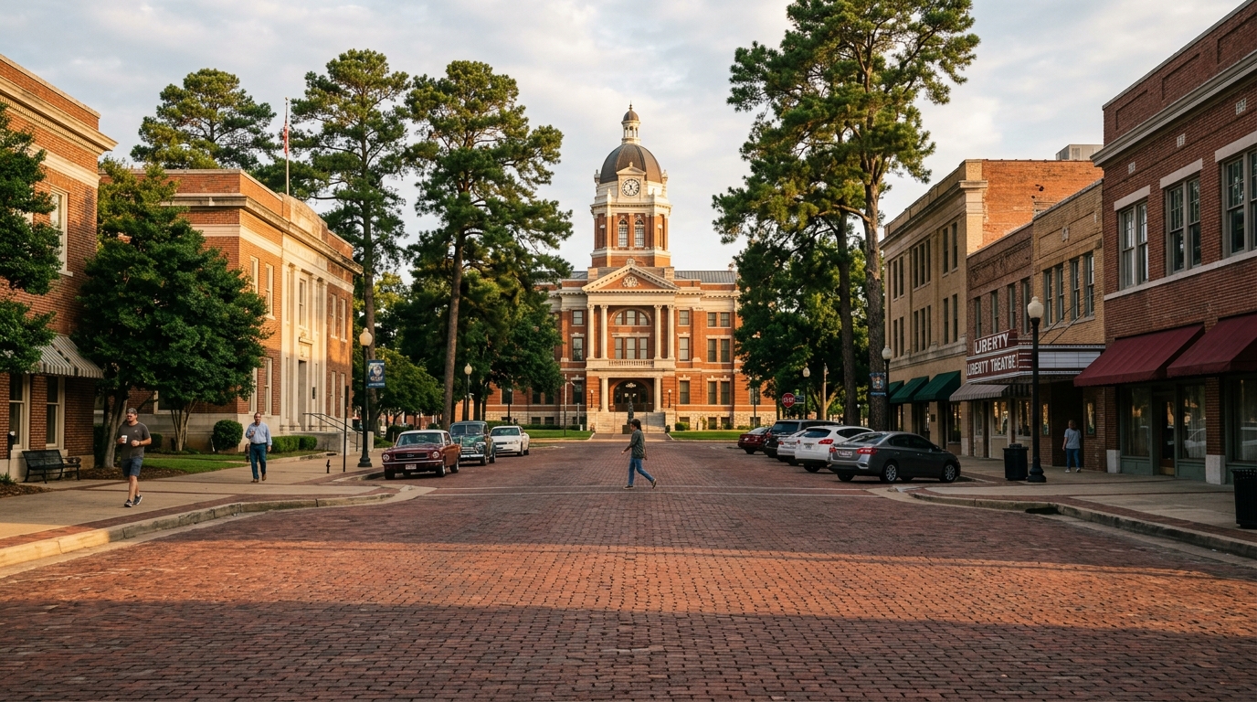 Historic downtown brick streets and Smith County Courthouse in Tyler, Texas